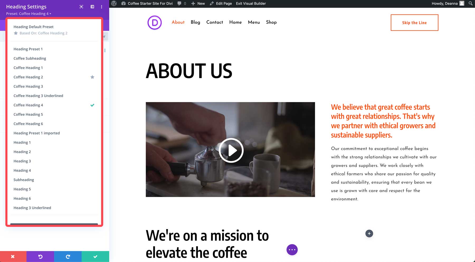 coffee starter site for divi