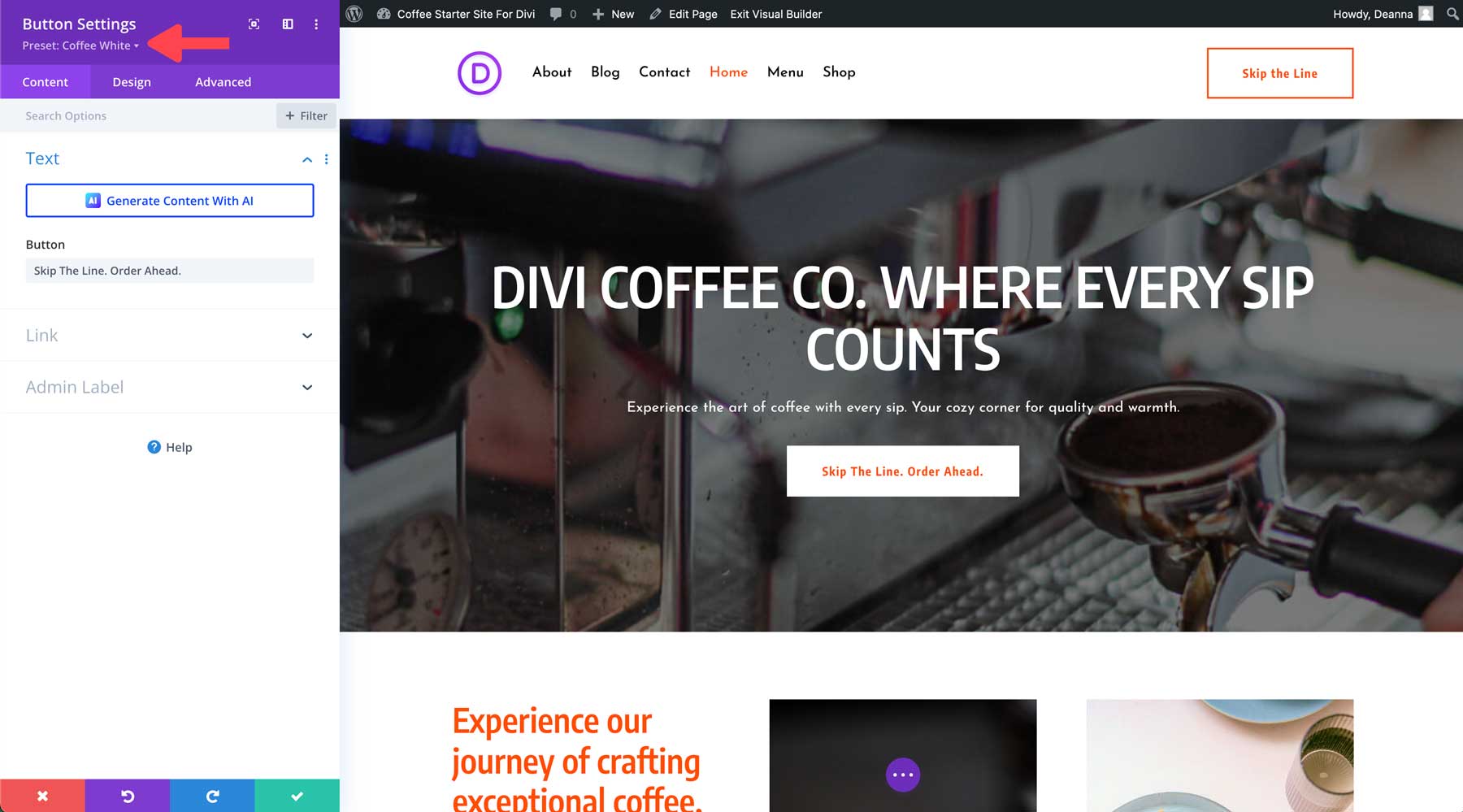 coffee starter site for divi