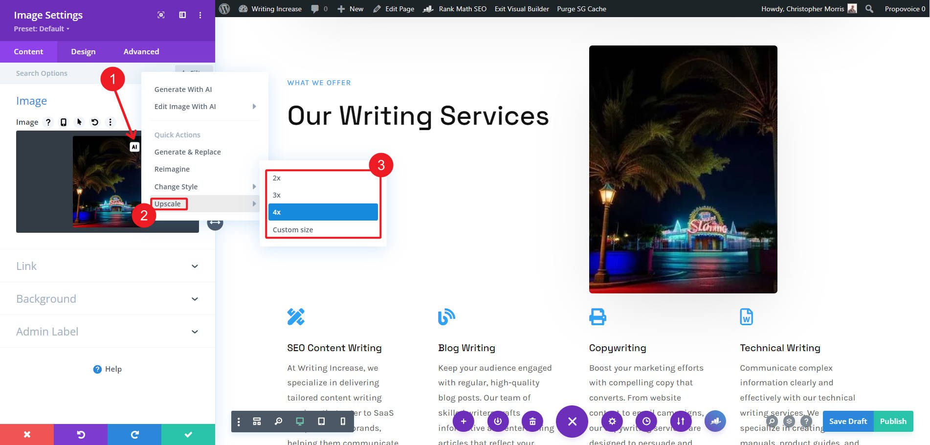 Upscale Image in Divi AI - Steps 1-3