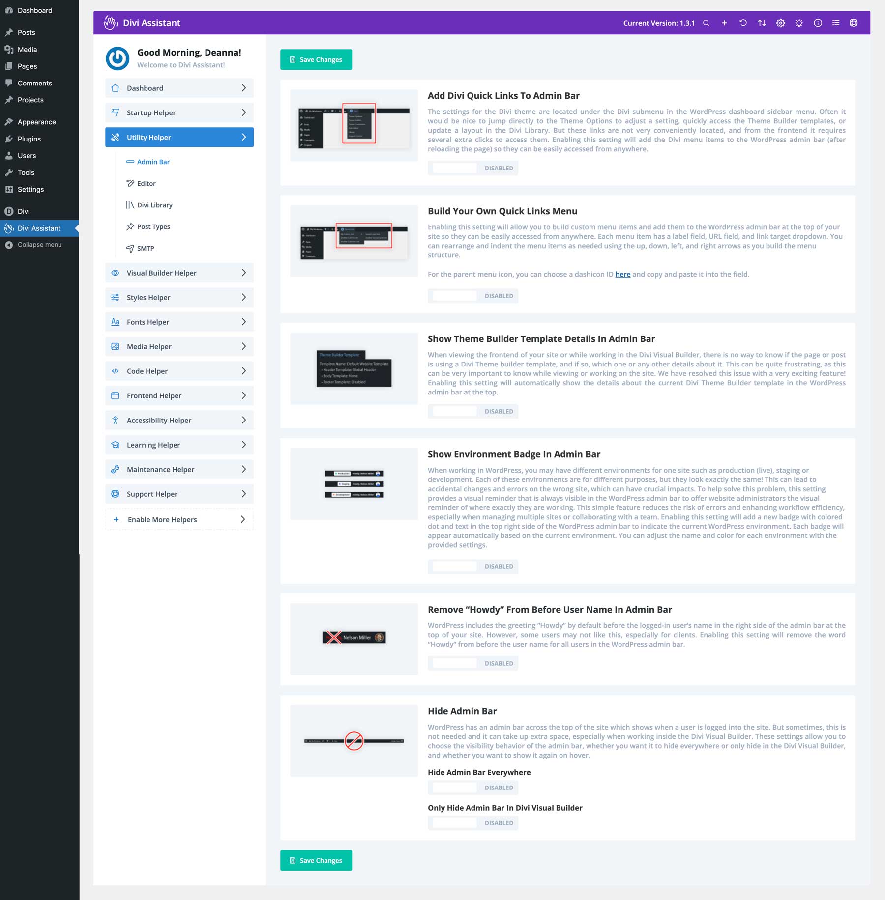 utility helper admin bar settings