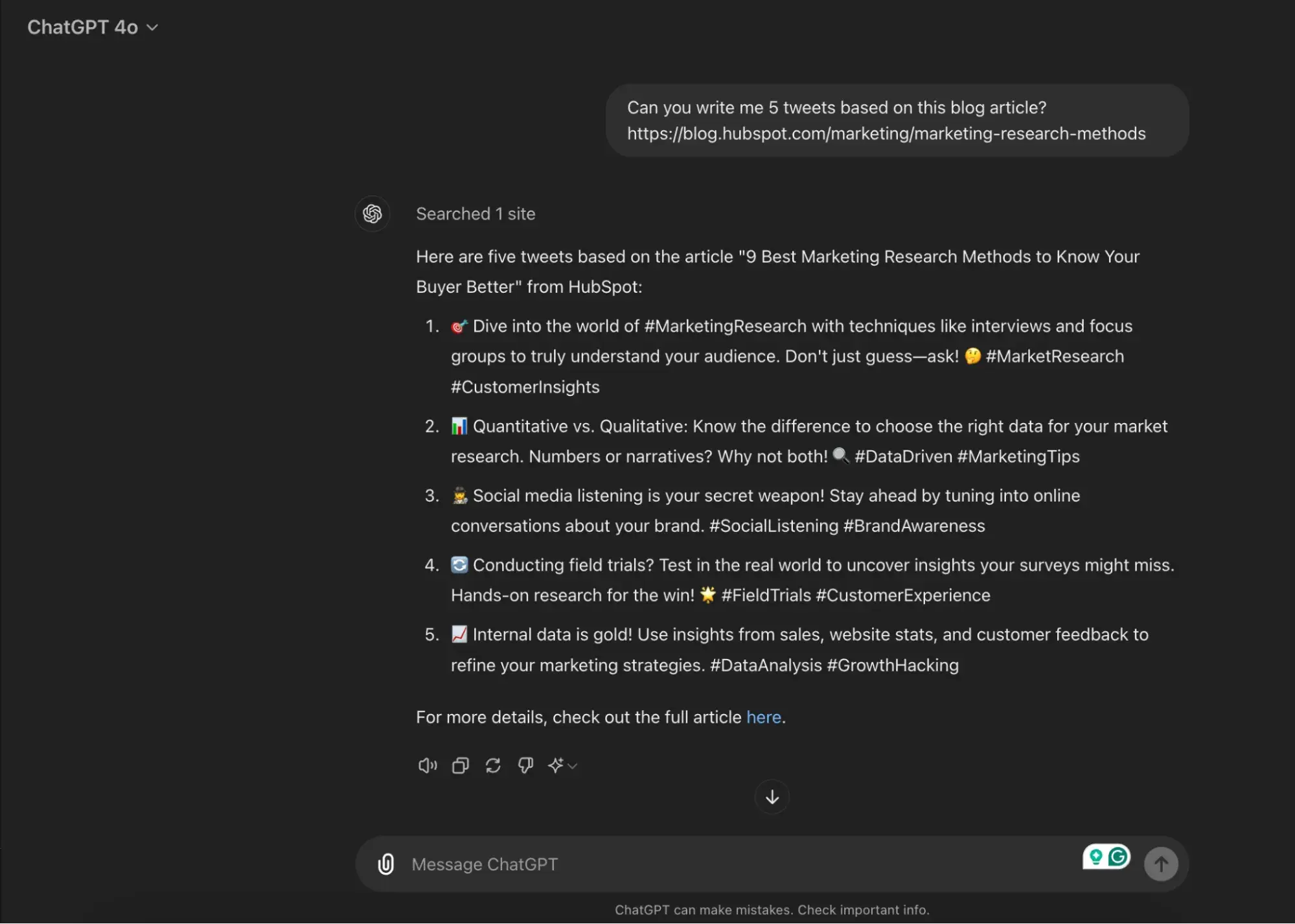 Dark mode screenshot of ChatGPT writing sample tweets based on a blog article link.