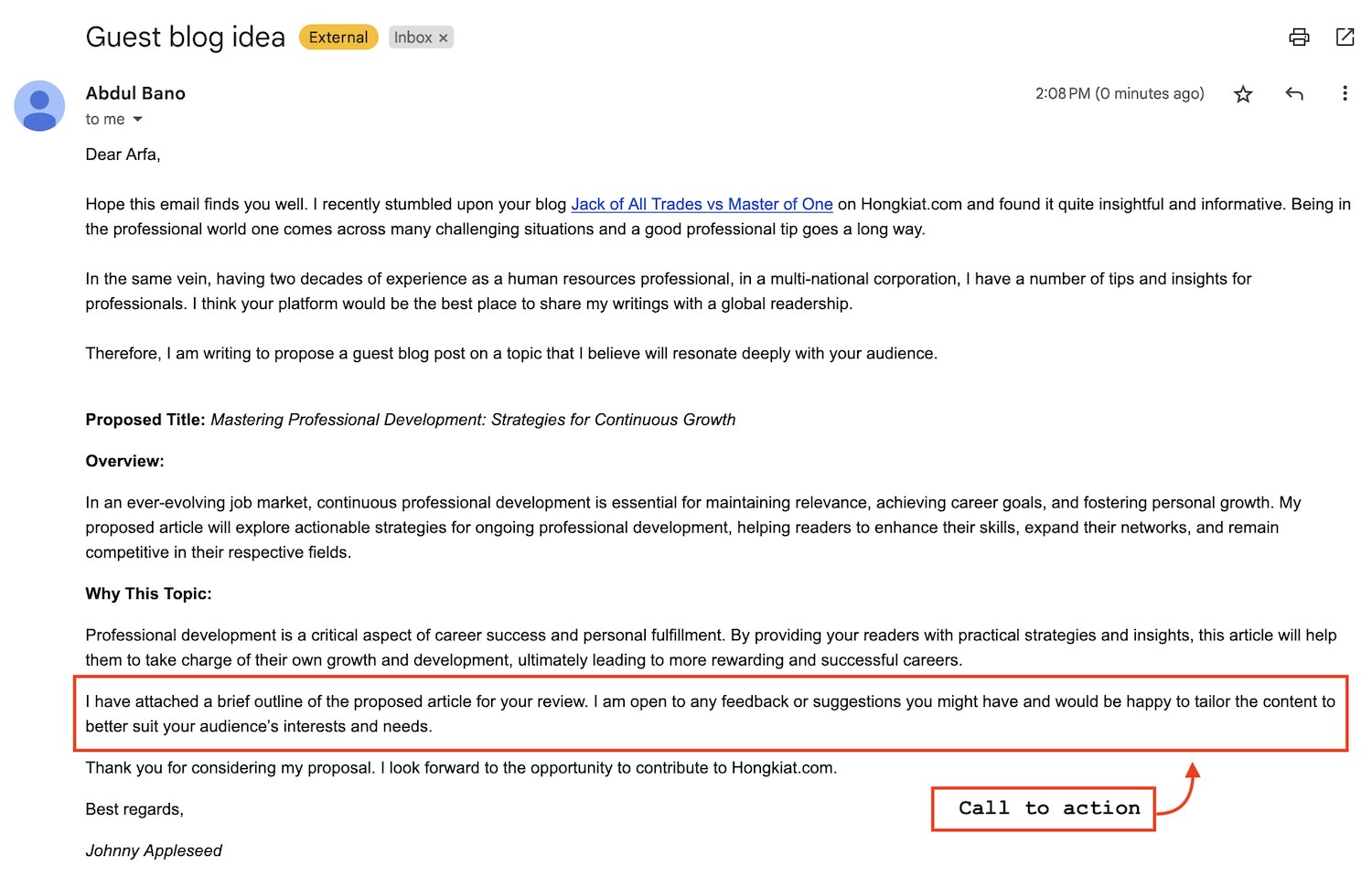 Example of a call to action in an email