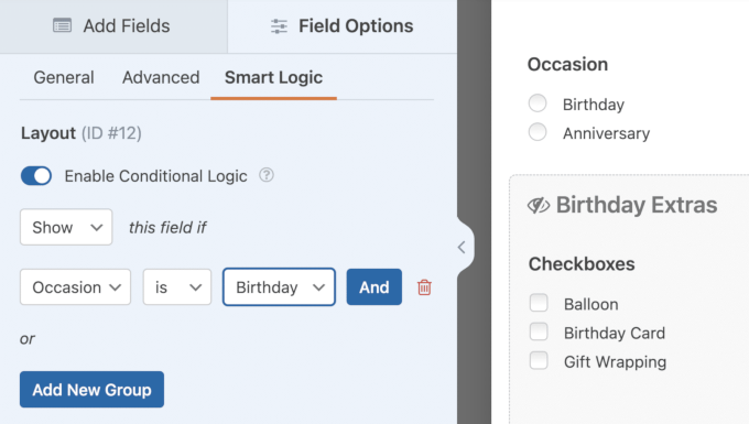 Adding conditional logic to a layout field in WPForms 