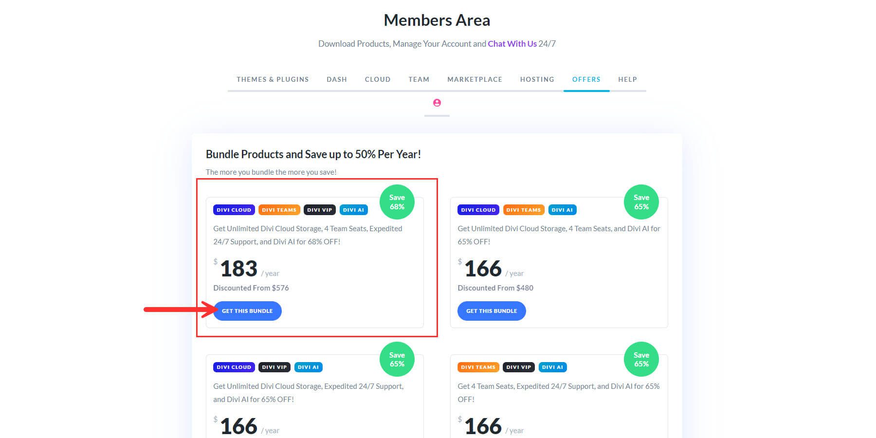 Pacchetto di sconti Divi Pro per i membri dalla dashboard dell'area membri 