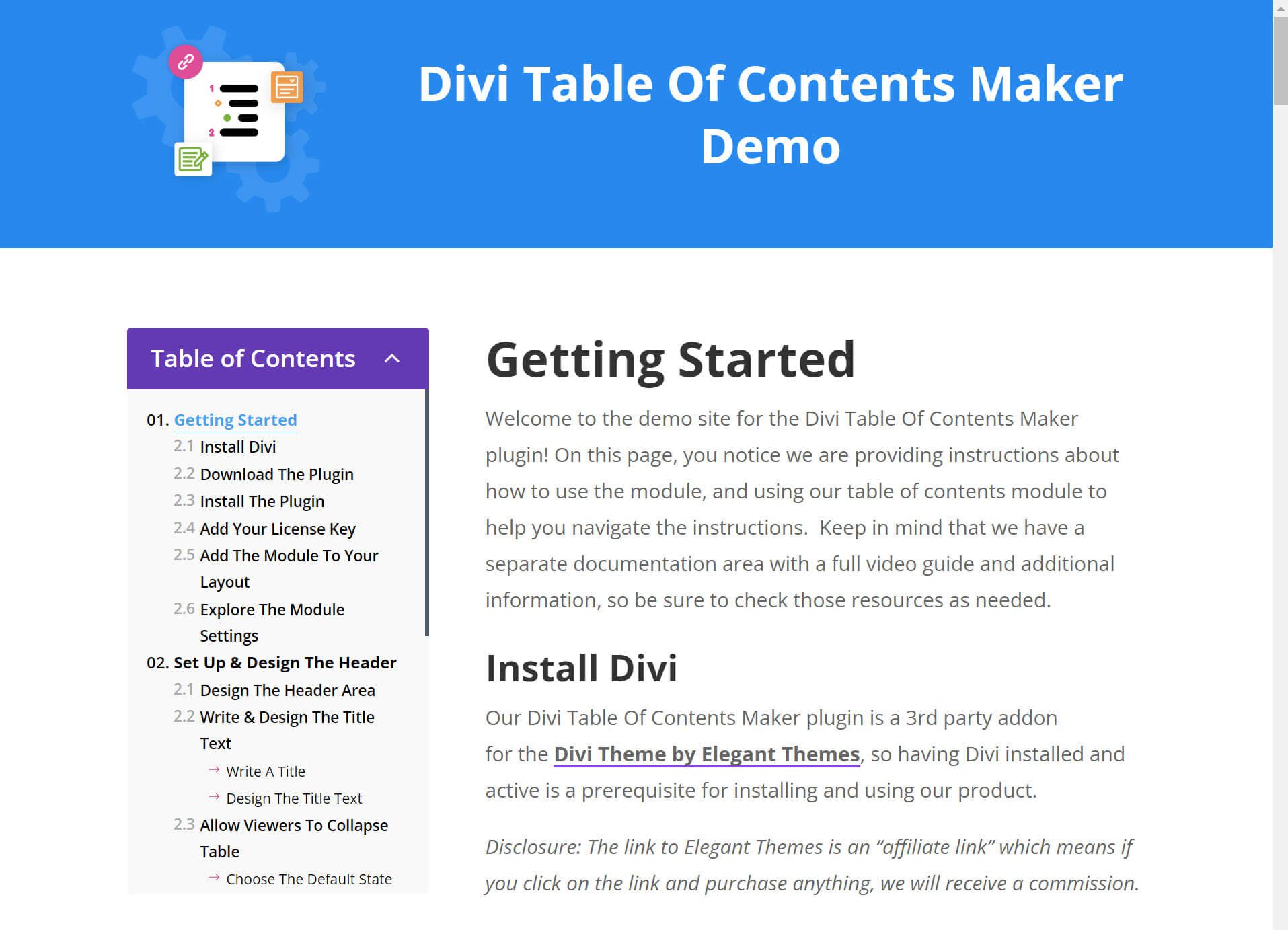 A screenshot of Divi Table of Content in action