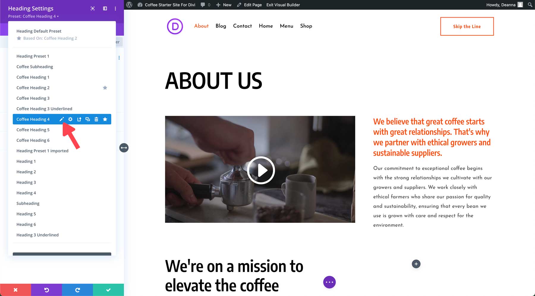 coffee starter site for divi