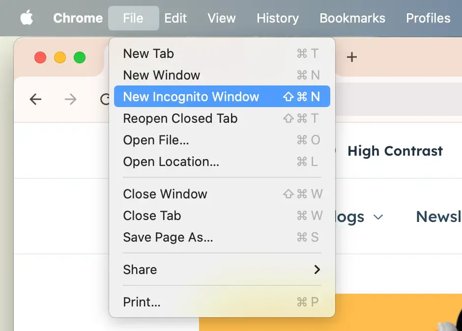 Screen cap of File menu, with “New incognito window” selected.