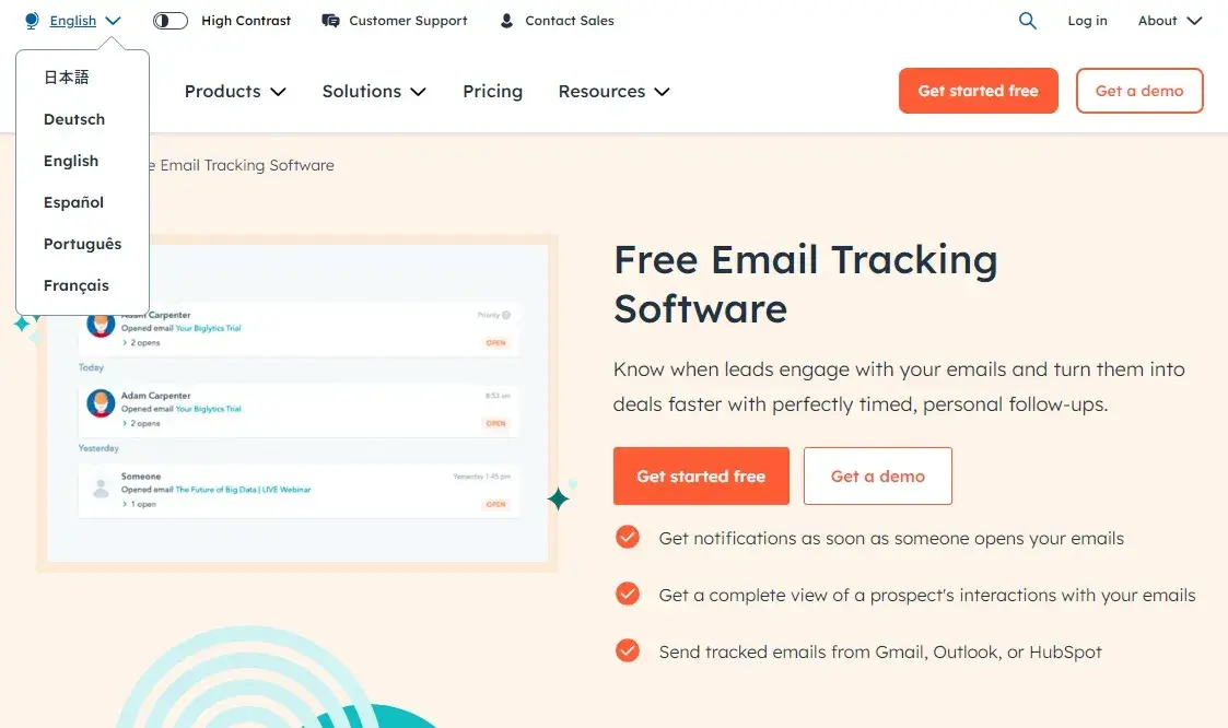 Screenshot of HubSpot’s free email tracking product page