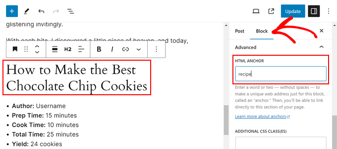 Adding an anchor link to the recipe section