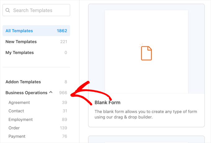 The business operations template category in WPForms