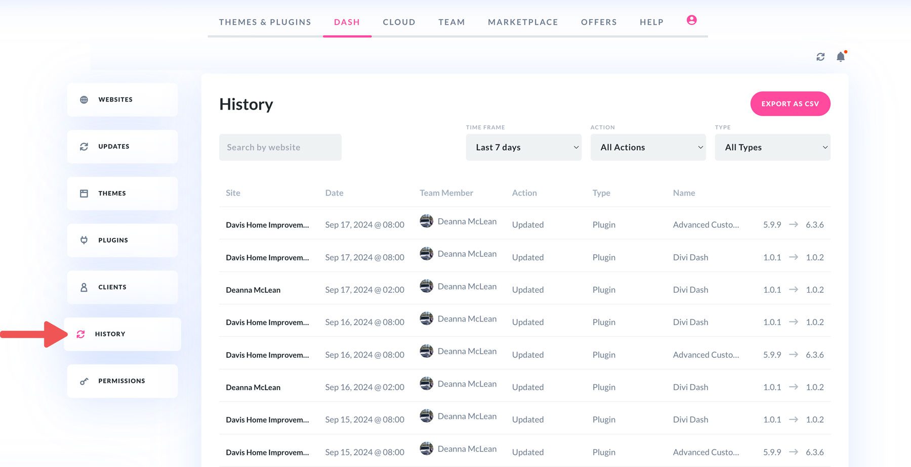 Divi Dash history tab