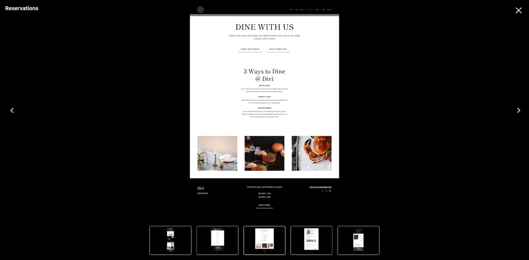 Preview Restaurant Starter Site Pages