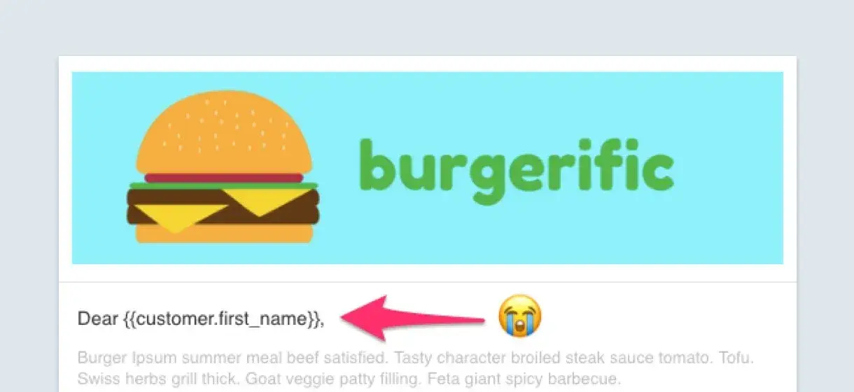 Screenshot of a burgerific email showing a personalization token