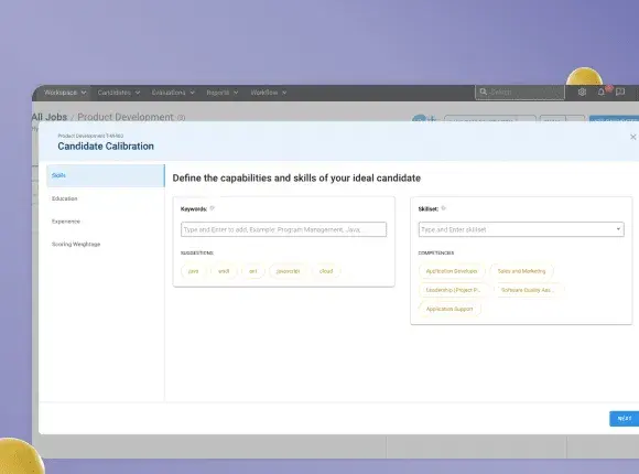 ai recruiting software, screenshot of TurboHire’s Candidate Calibration screen. The user is on the “Skills” form, which asks the user to define the capabilities and skills of their ideal candidate.