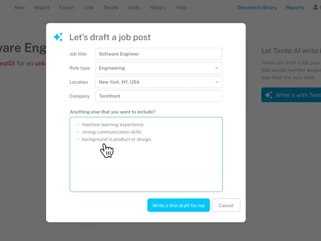 ai recruiting tool Textio, form that reads “Let’s draft a job post.” Includes dropdowns for job title, role type, location, and company, as well as a text box for “Anything else that you want to include?”