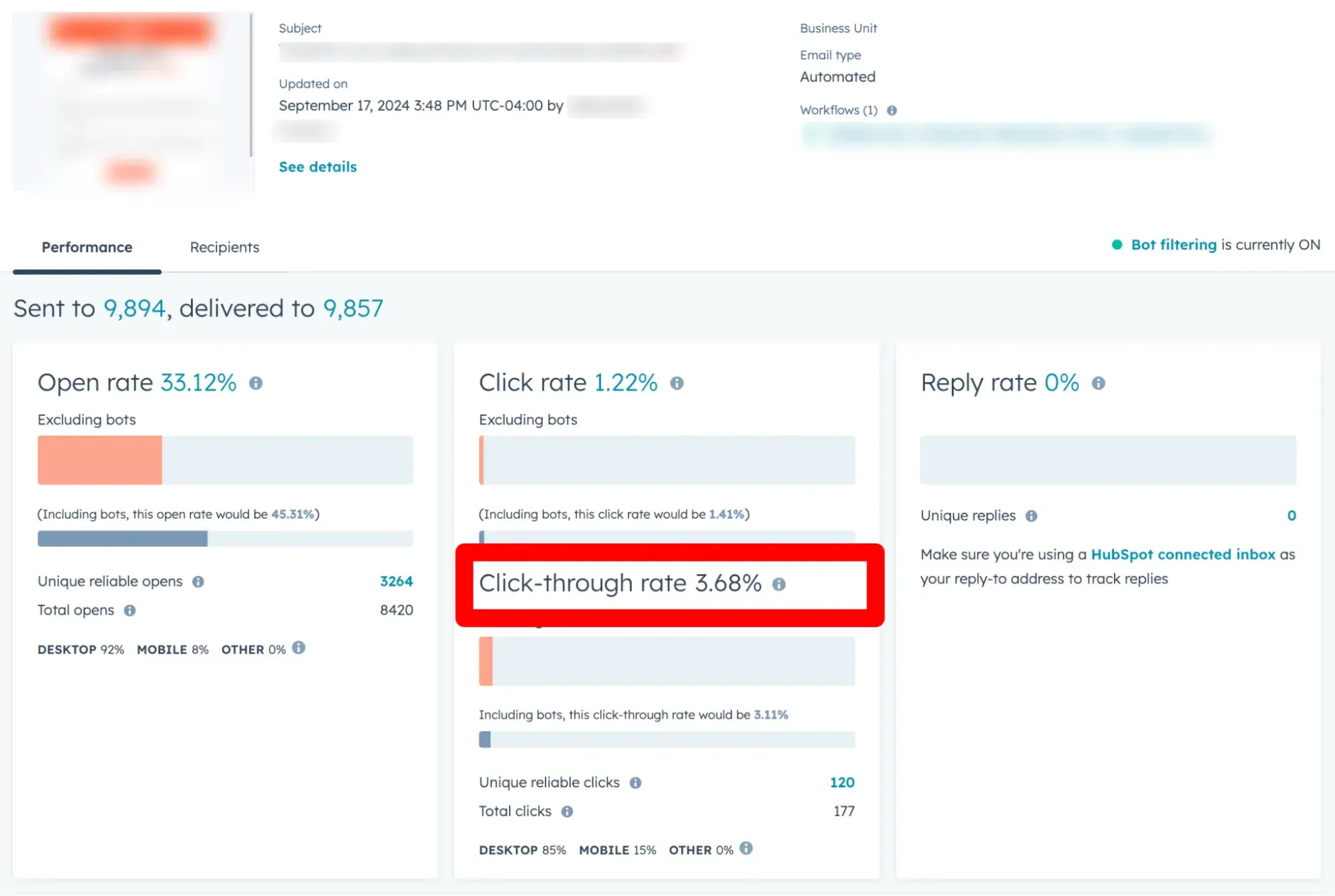 Screenshot showing how you can view your email click-through rate in HubSpot