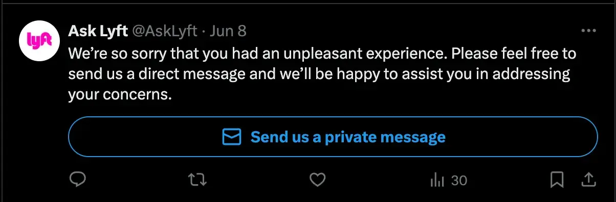 Screenshot showing an automated response from Lyft on X