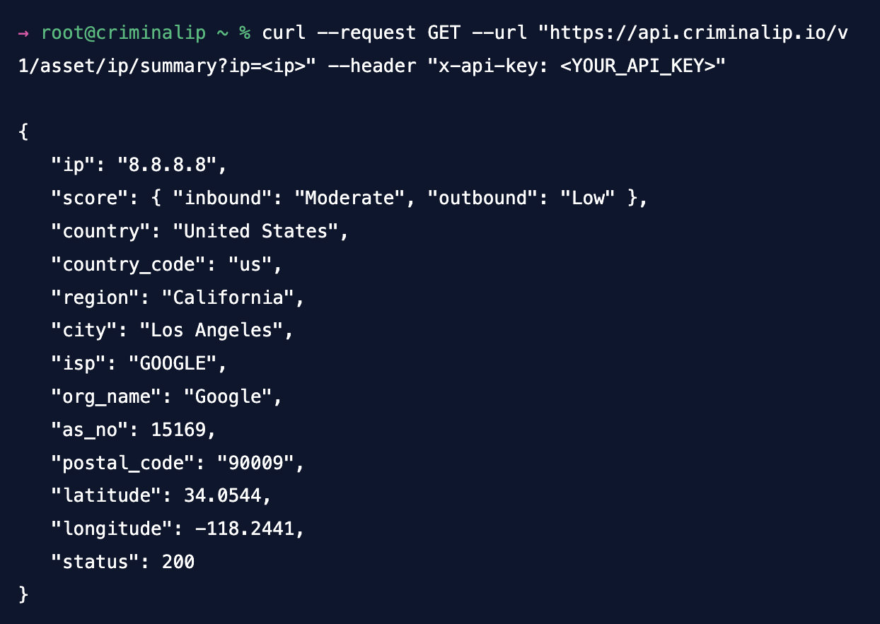 Criminal IP API that displays data in JSON format