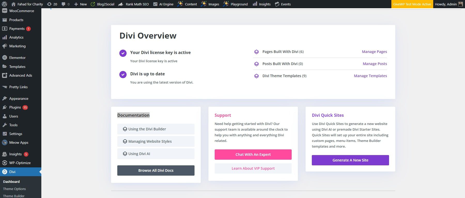 divi quick sites dashboard