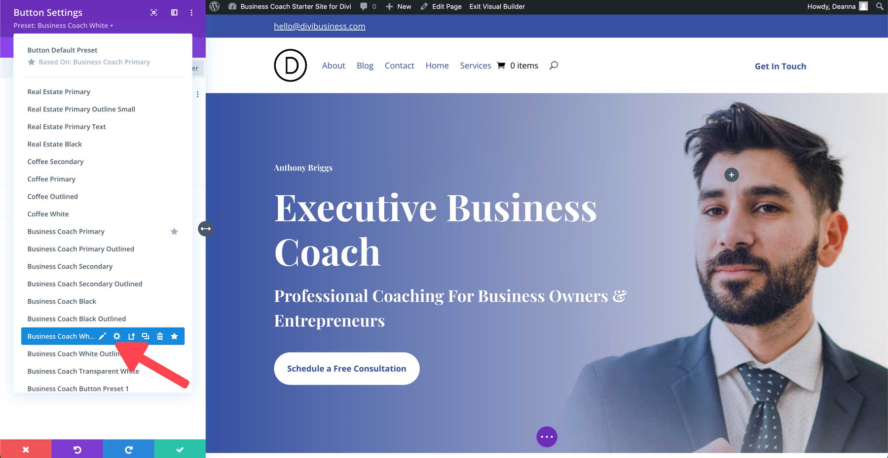 business coach starter site for Divi