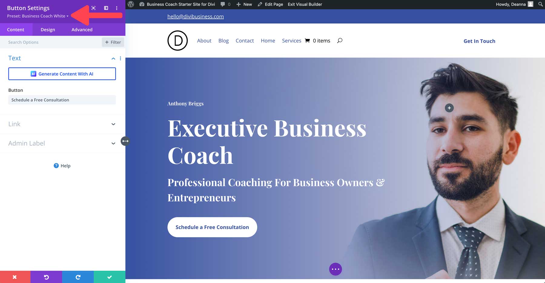 business coach starter site for Divi