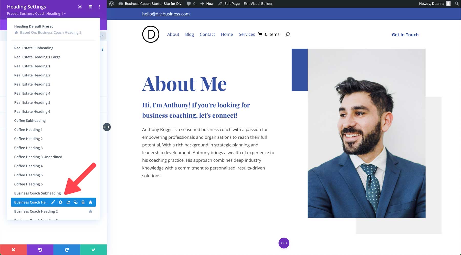 business coach starter site for Divi