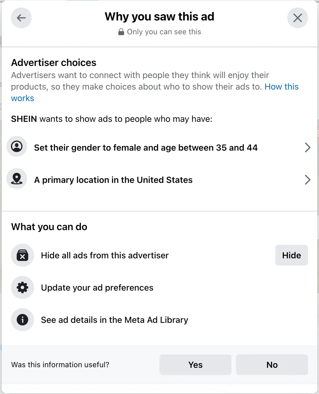 Example of the “why I’m seeing this ad” pop up on Facebook, explaining how Shein targeted a Facebook Ad