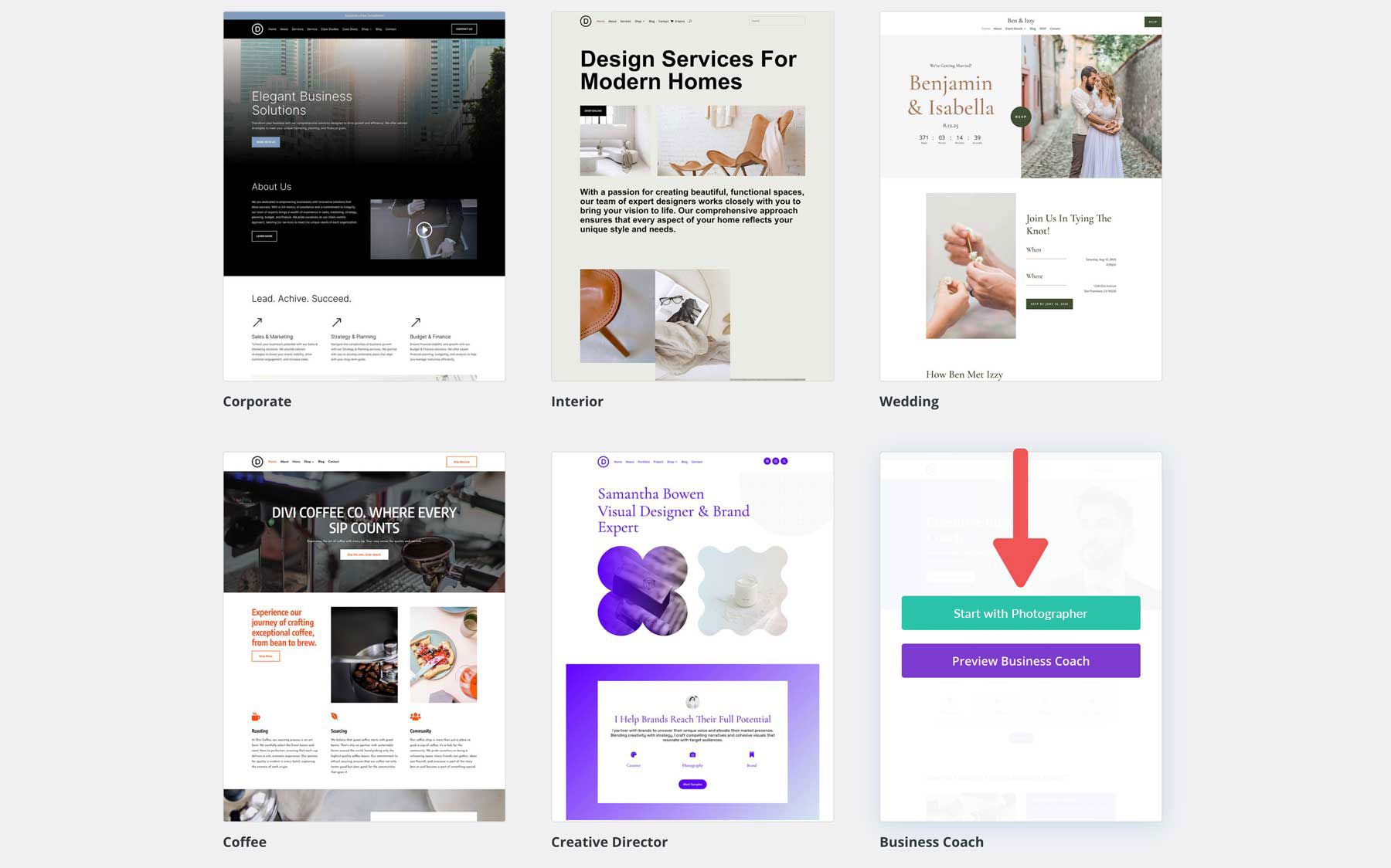 Photographer starter site for Divi