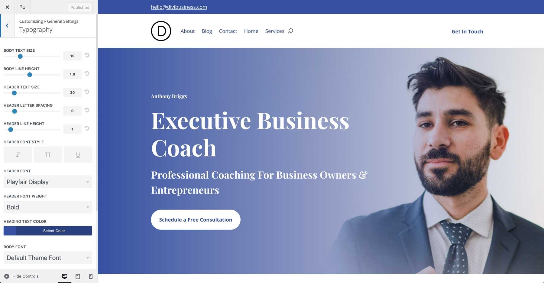 business coach starter site for Divi