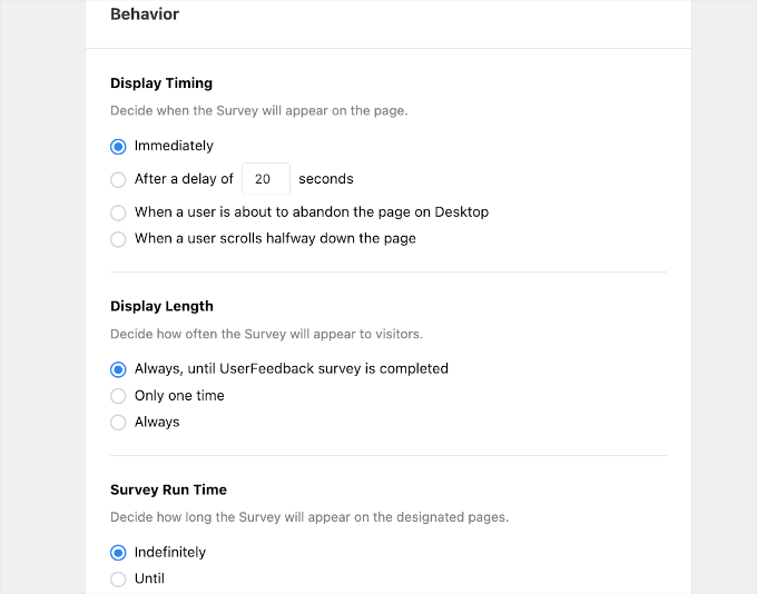 The Behavior settings for a UserFeedback form