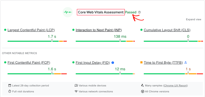 Core Web Vitals report example