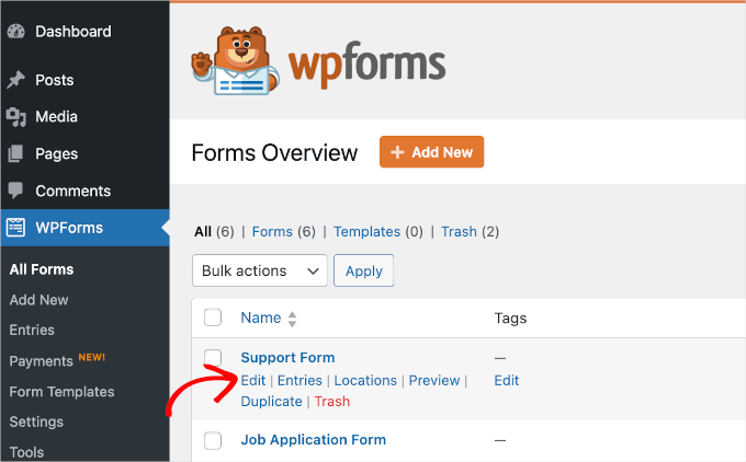 The Edit button for a support form example