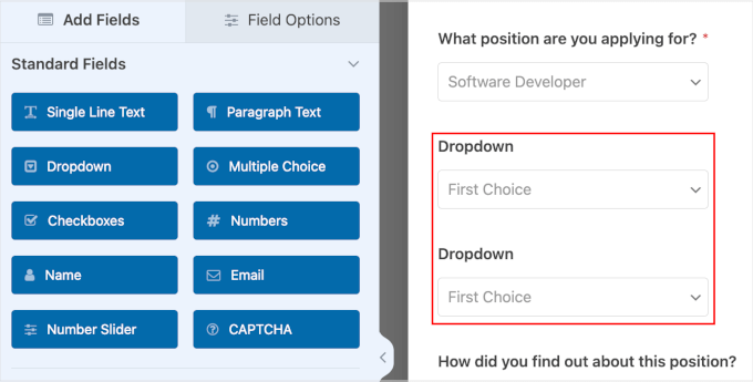 Checkboxes fields below the position applying for field