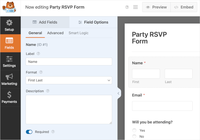 WPForms' form builder for editing Party RSVP Form