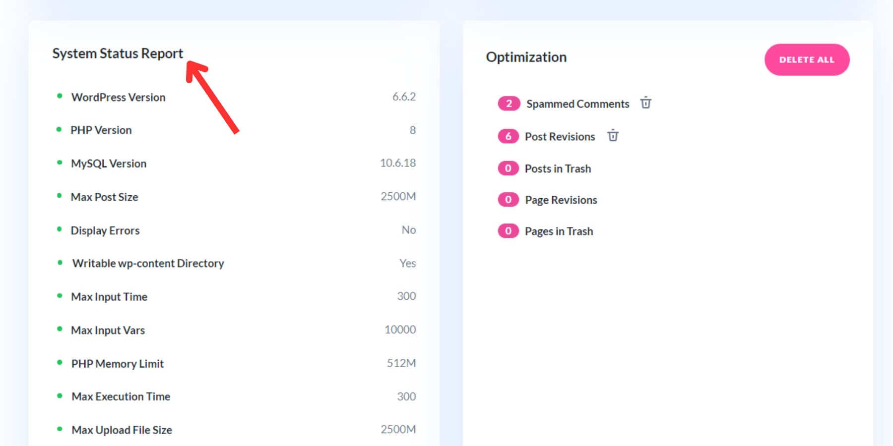 A screenshot of the system status report on Divi Dash