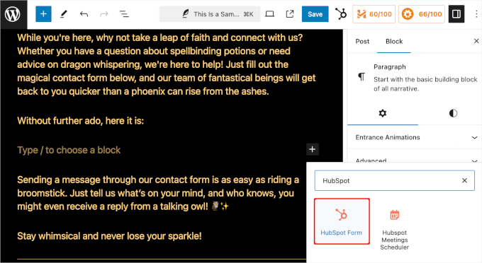 Adding a HubSpot form block to a post