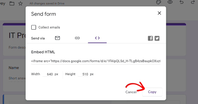 Copying Google Forms' embed code