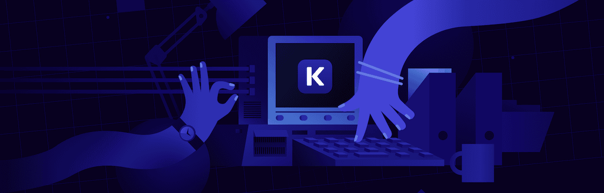 An artistic illustration of the DevKinsta logo. It depicts a person working at a computer in a dark environment. The image uses shades of blue and purple, showing hands typing on a keyboard and adjusting equipment. A monitor displays a stylized K logo.