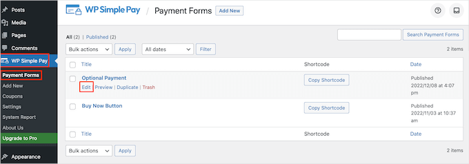 Editing WP Simple Pay form