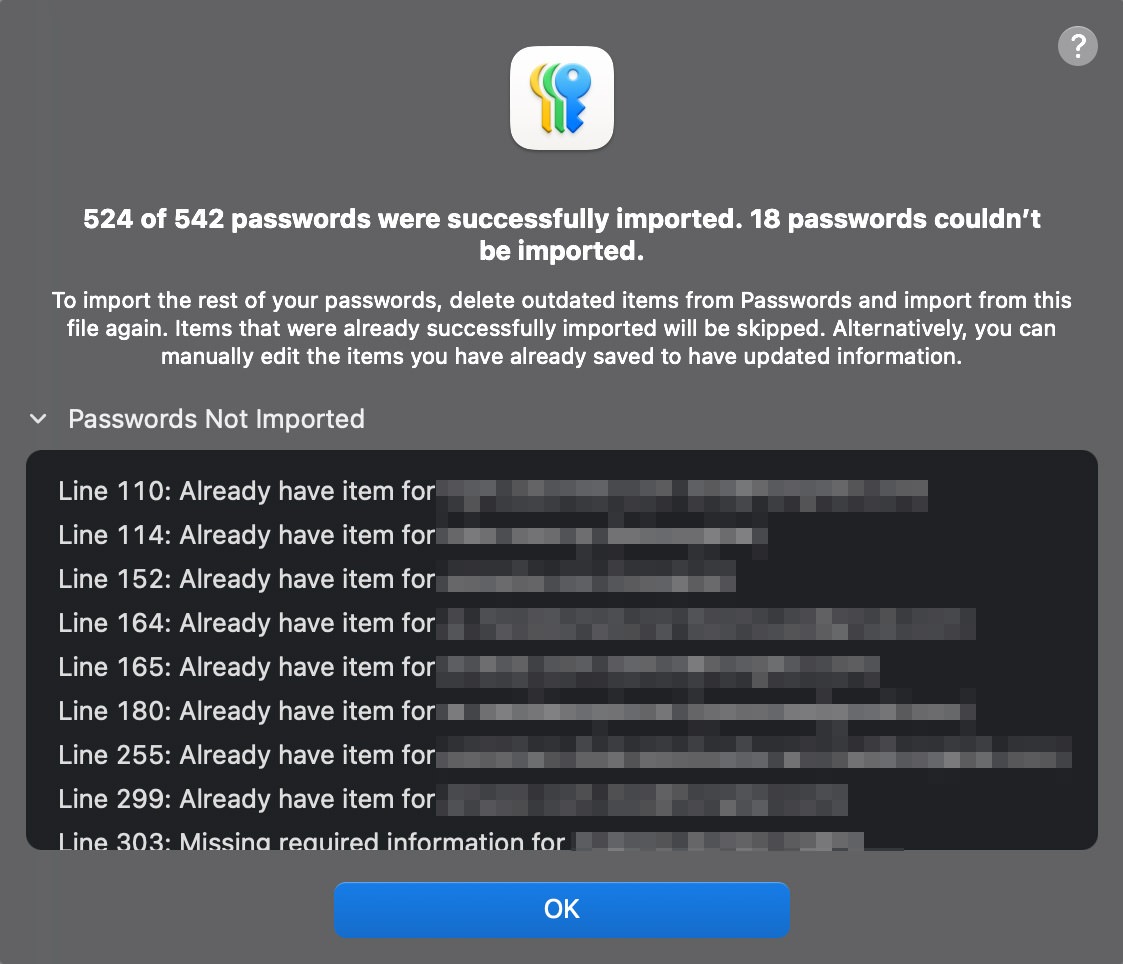 Summary of passwords imported into Apple's Passwords app