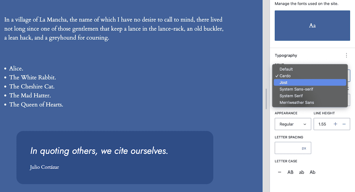 The Style Book interface displaying a paragraph from Don Quixote and a list of characters from Alice in Wonderland. The right-hand sidebar shows typography settings, including font selection (currently set to Cardo) and various text formatting options. A quote by Julio Cortázar is featured in a blue box at the bottom.