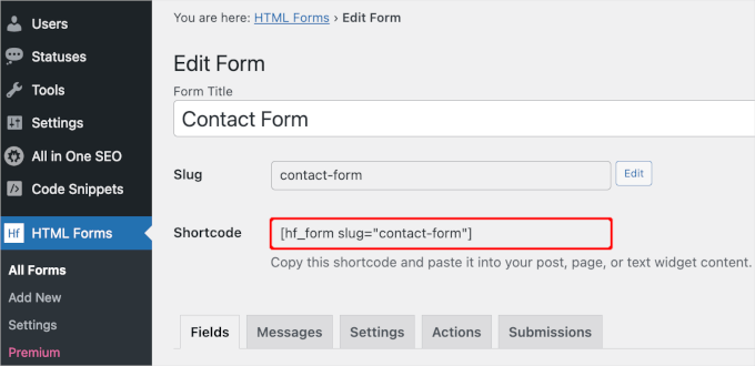 HTML Forms' shortcode