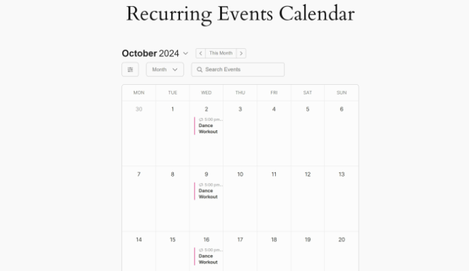 Calendar preview of recurring events