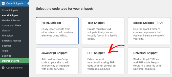 Select the PHP Snippet option in WPCode