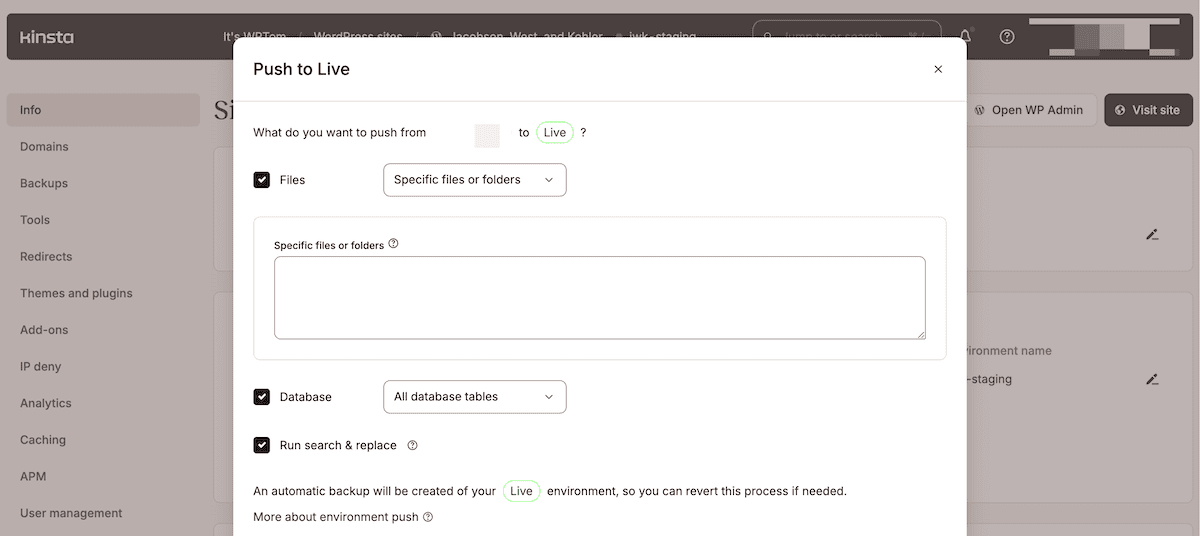 The MyKinsta interface showing a Push to Live dialog box. Options to push files and databases from staging to live environment are presented, with checkboxes for specific files, folders, and database tables.