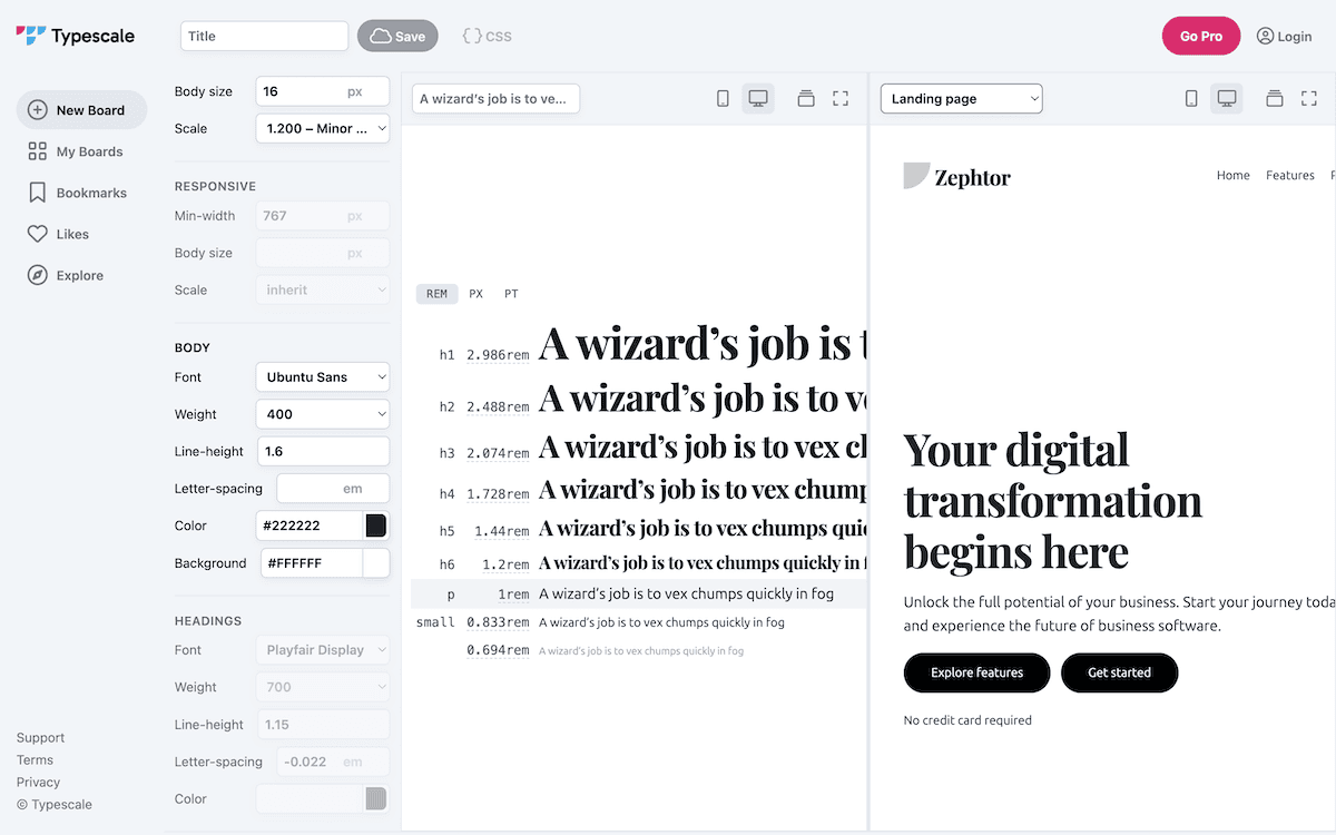 The Typescale web app interface for customizing typography. The left-hand panel shows font settings, while the right-hand side displays a preview of different heading sizes and a sample landing page design.