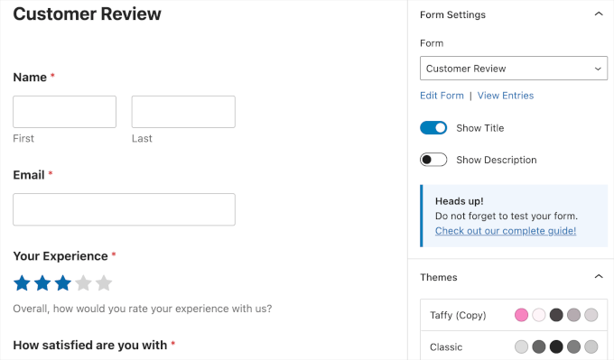 WPForms form settings in block editor