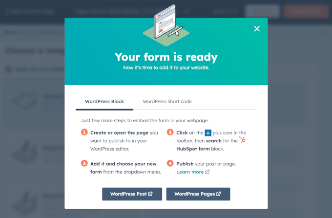 HubSpot's Your Form Is Ready popup window