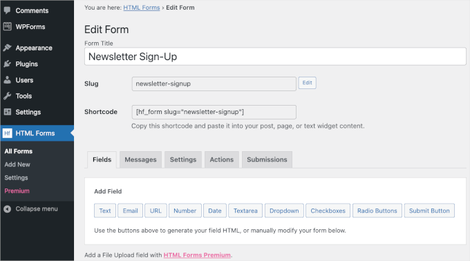 HTML Forms' edit form area