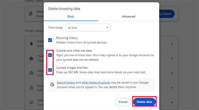 Delete cookies and site data Chrome